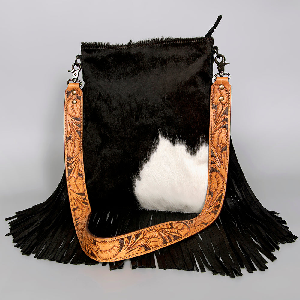 ADBGS192 Natural Cowhide Large Crossbody Bag with Fringe - Tooled Strap Western Purse