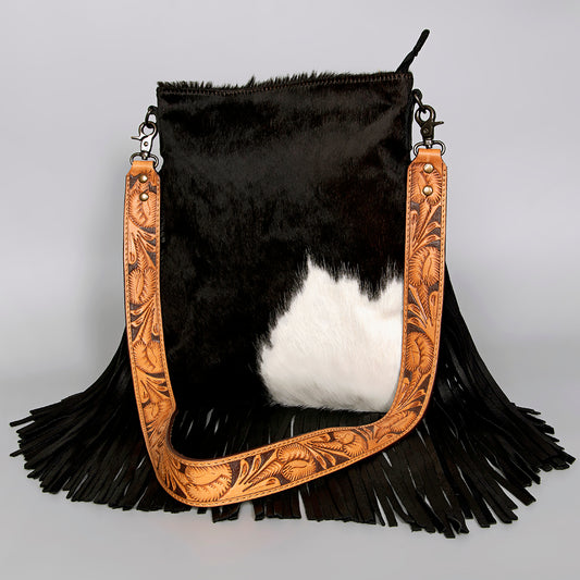 ADBGS192 Natural Cowhide Large Crossbody Bag with Fringe - Tooled Strap Western Purse