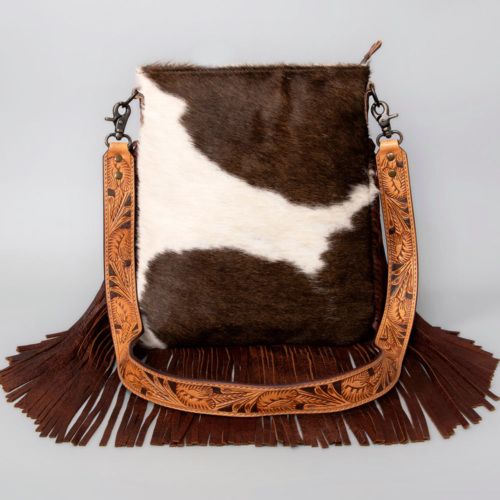 ADBGS192 Natural Cowhide Large Crossbody Bag with Fringe - Tooled Strap Western Purse