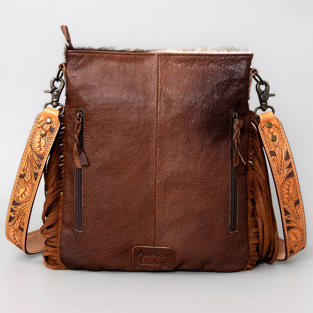 ADBGS192 Natural Cowhide Large Crossbody Bag with Fringe - Tooled Strap Western Purse