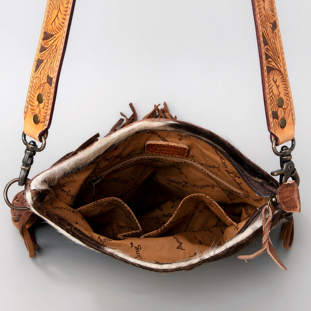 ADBGS192 Natural Cowhide Large Crossbody Bag with Fringe - Tooled Strap Western Purse