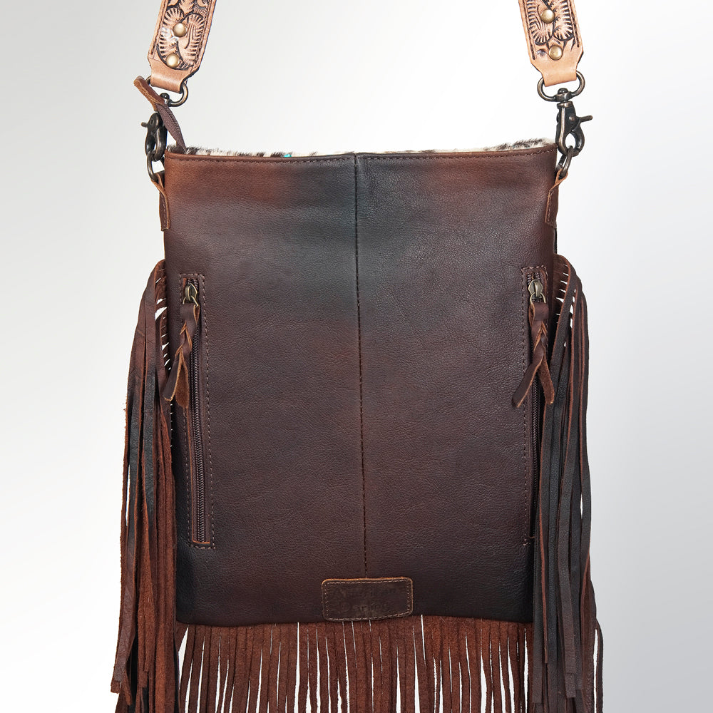 ADBGS192 Splatter Cowhide Large Crossbody Bag with Fringe & Tooled Leather Strap