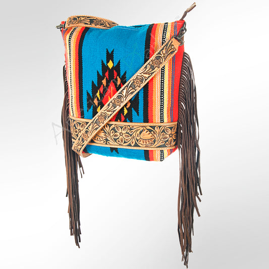ADBG213 American Darling Large Cross body Bag - Hand Tooled Floral Leather & Woven Saddle Blanket