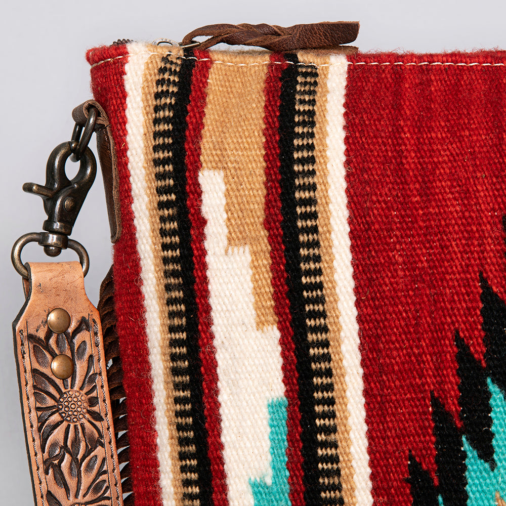 ADBG217 Handwoven Wool Saddle Blanket Western Crossbody Bag with Tooled Leather Strap & Fringe