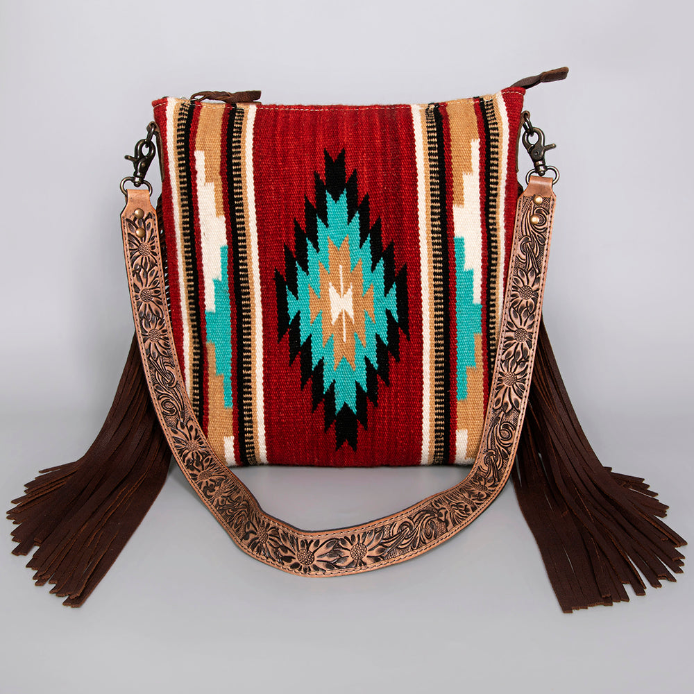ADBG217 Handwoven Wool Saddle Blanket Western Crossbody Bag with Tooled Leather Strap & Fringe