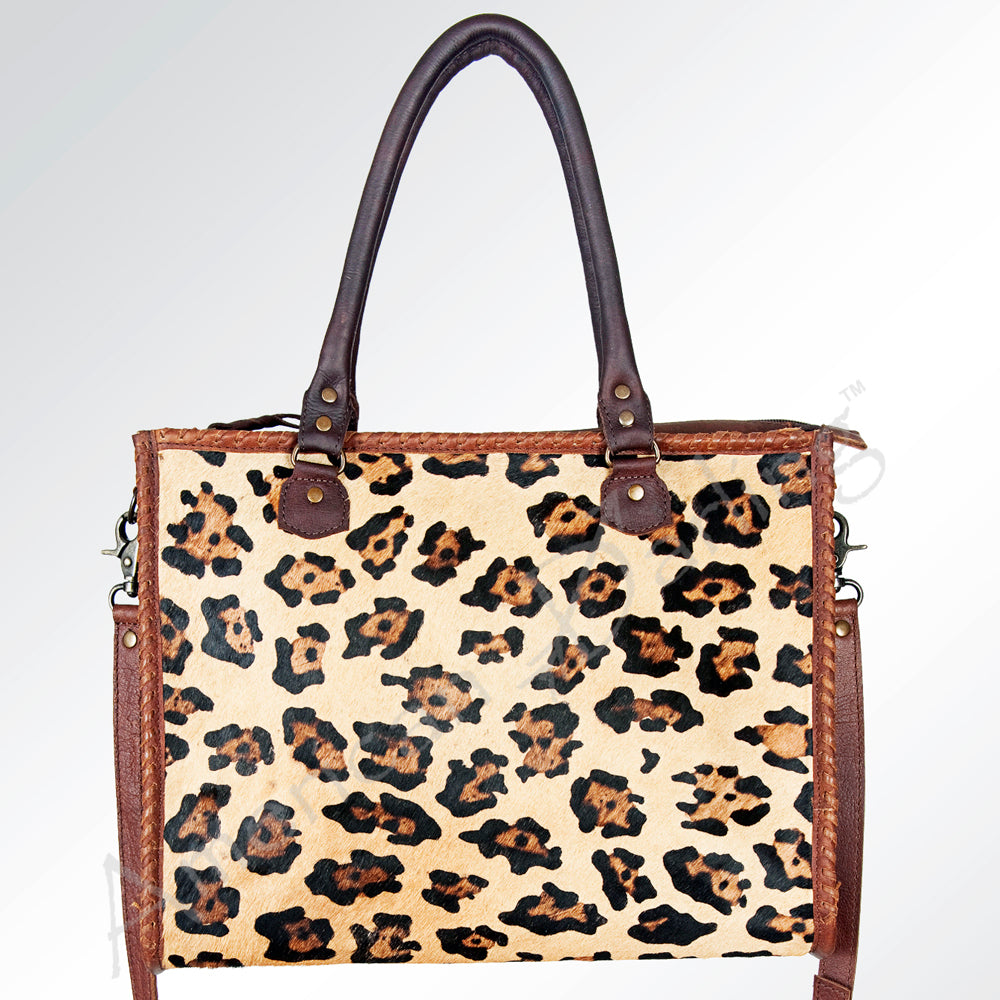 ADBG229 Printed Hair-On Hide Leather Tote with Brown Strap and Stitch Detailing