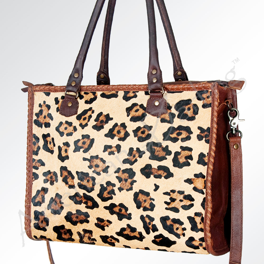 ADBG229 Printed Hair-On Hide Leather Tote with Brown Strap and Stitch Detailing