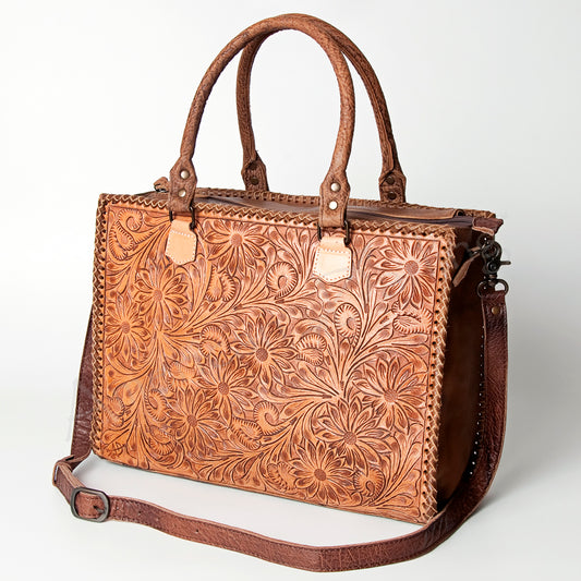 ADBG235 Hand Tooled Floral Leather Tote Bag with Adjustable Shoulder Strap