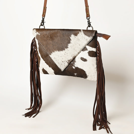 LC-ADBG238BRW Brown and White Cowhide Crossbody Bag with Long Dark Brown Leather Tassels