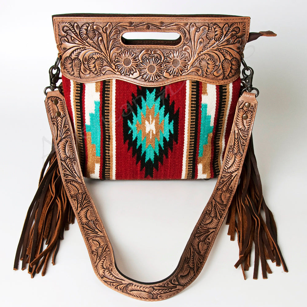 ADBG243 Southwestern Wool and Tooled Leather Fringe Bag with Cutout Handle
