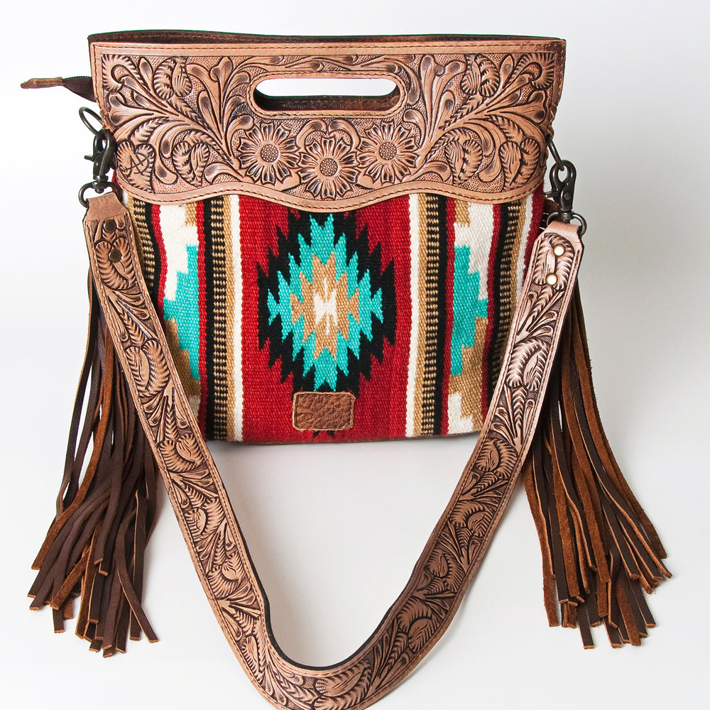 ADBG243 Southwestern Wool and Tooled Leather Fringe Bag with Cutout Handle