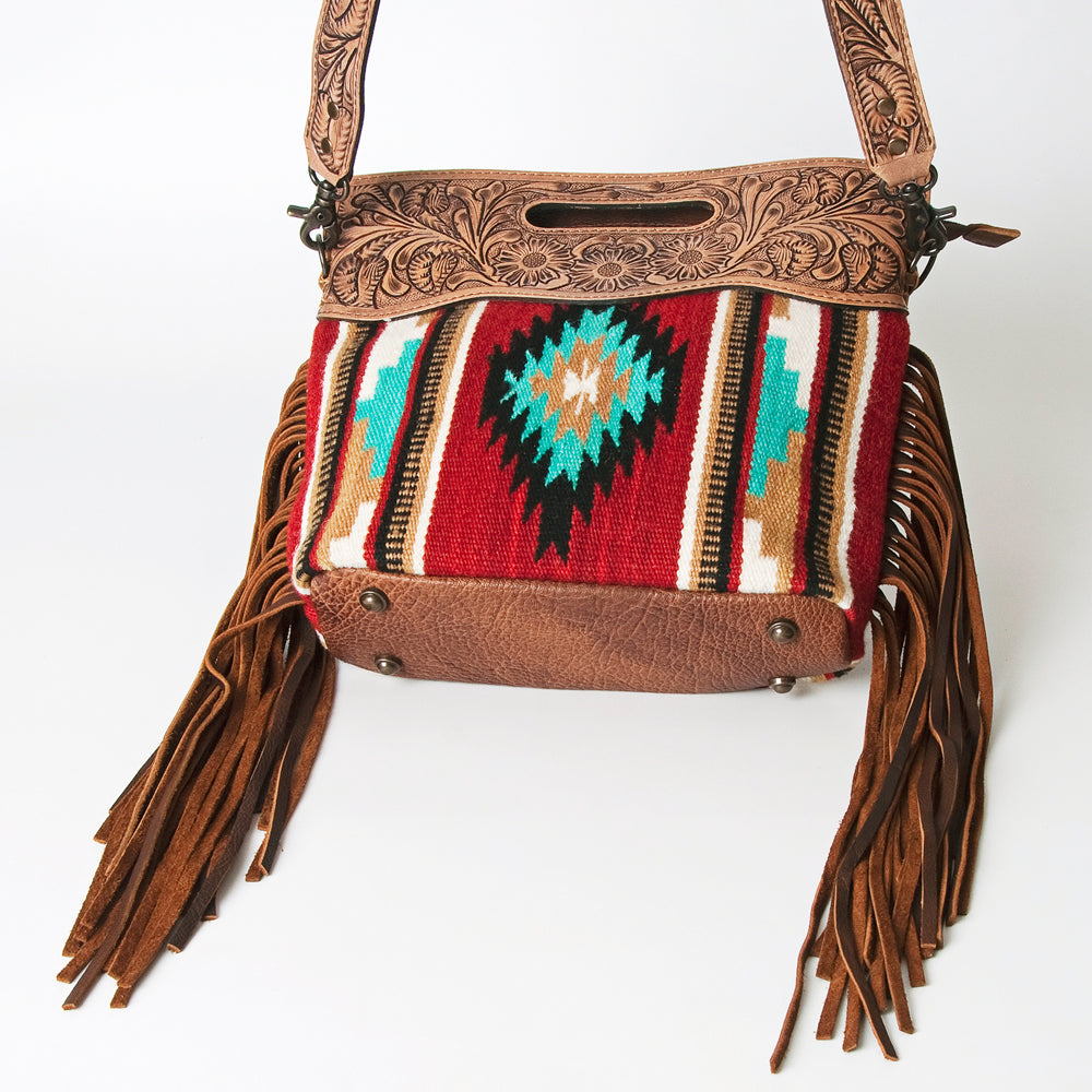 ADBG243 Southwestern Wool and Tooled Leather Fringe Bag with Cutout Handle