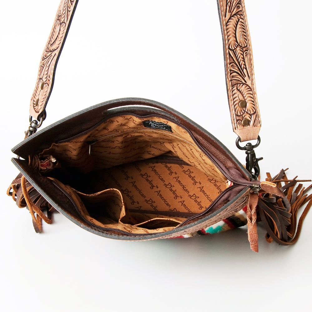 ADBG243 Southwestern Wool and Tooled Leather Fringe Bag with Cutout Handle