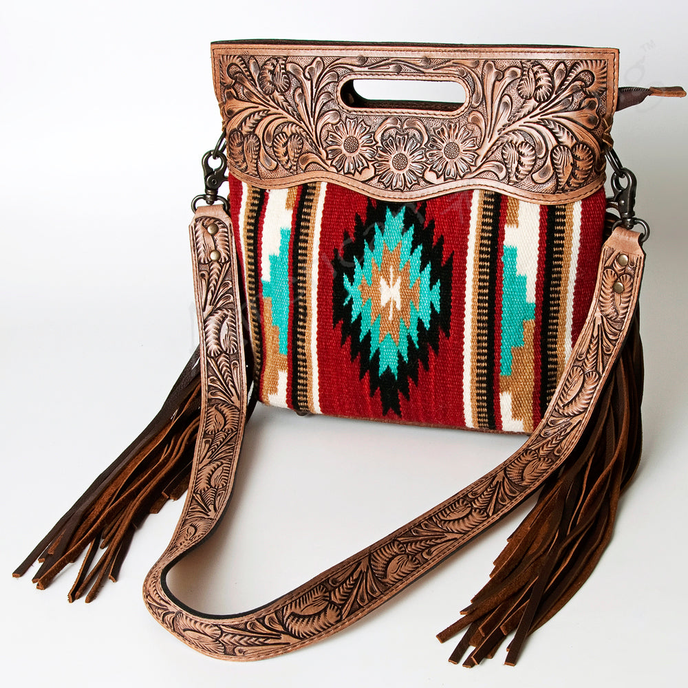 ADBG243 Southwestern Wool and Tooled Leather Fringe Bag with Cutout Handle