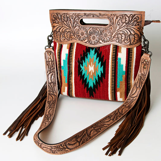 ADBG243 Southwestern Wool and Tooled Leather Fringe Bag with Cutout Handle