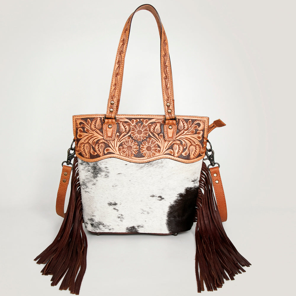LC-ADBGS144BRW Tooled Leather & Cowhide Messenger - Western Fringe Bag with Floral Carving