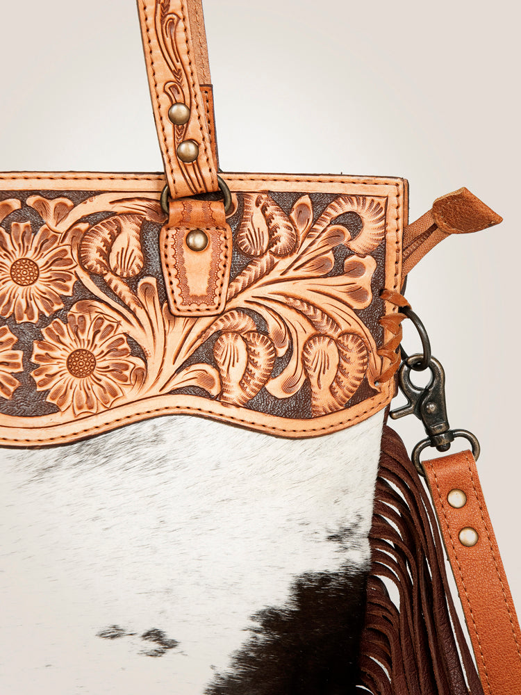 LC-ADBGS144BRW Tooled Leather & Cowhide Messenger - Western Fringe Bag with Floral Carving