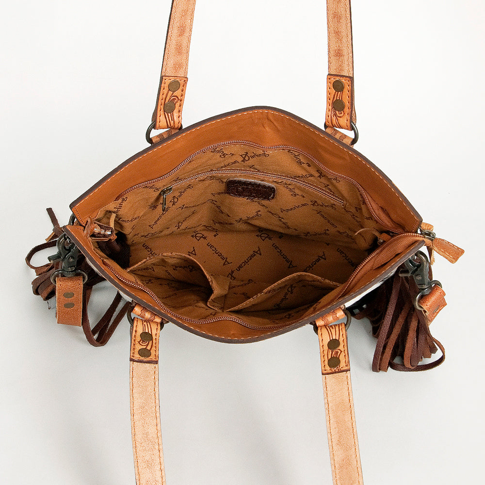 LC-ADBGS144BRW Tooled Leather & Cowhide Messenger - Western Fringe Bag with Floral Carving