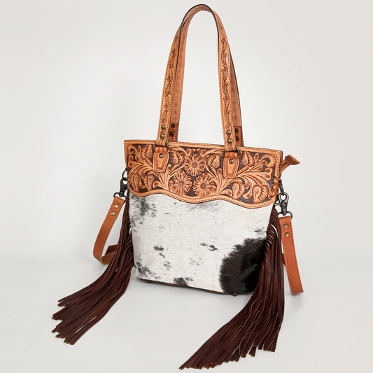 LC-ADBGS144BRW Tooled Leather & Cowhide Messenger - Western Fringe Bag with Floral Carving