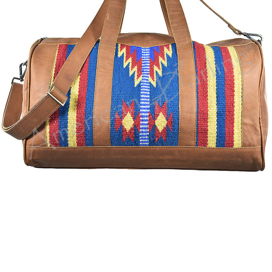 ADBG254 Southwestern Wool and Leather Duffel Bag with Colorful Woven Panels