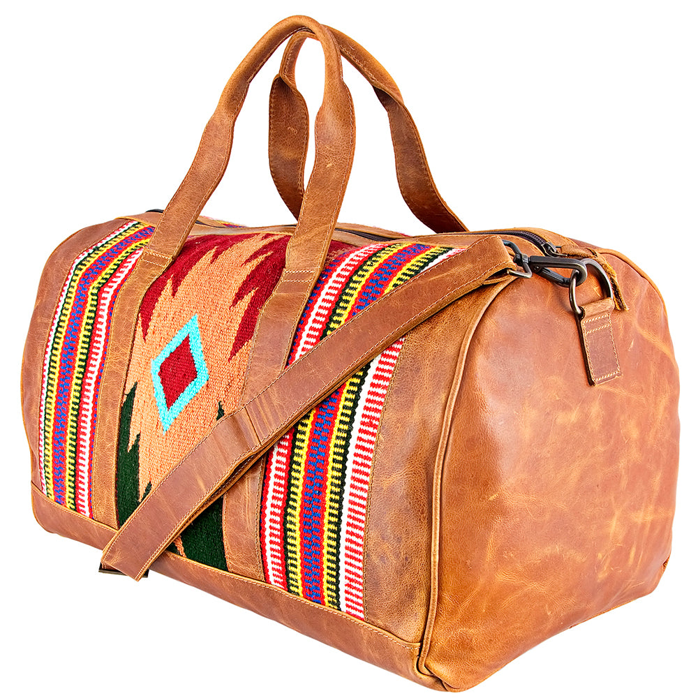 ADBG254 Southwestern Wool and Leather Duffel Bag with Colorful Woven Panels