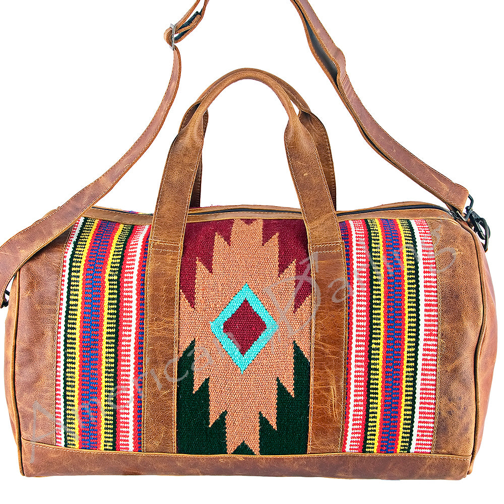 ADBG254 Southwestern Wool and Leather Duffel Bag with Colorful Woven Panels