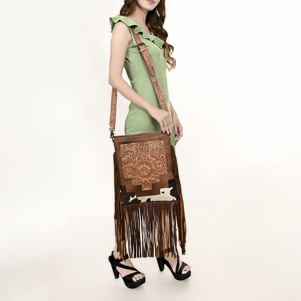 ADBG256 Tooled Leather & Cowhide Fringe Messenger Bag Western Boho Messenger by American Darling