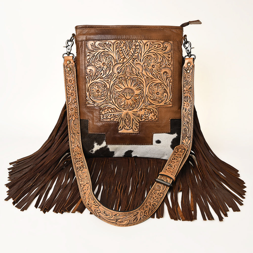 ADBG256 Tooled Leather & Cowhide Fringe Messenger Bag Western Boho Messenger by American Darling