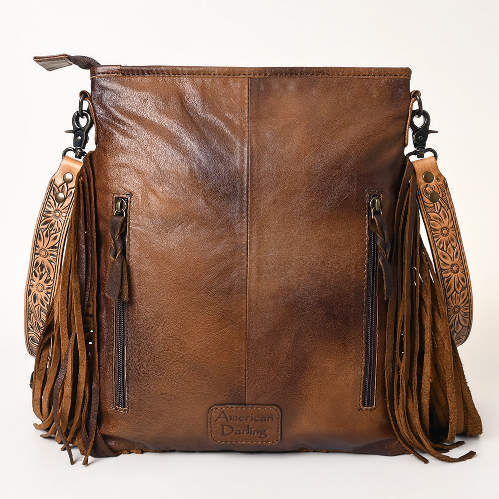 ADBG256 Tooled Leather & Cowhide Fringe Messenger Bag Western Boho Messenger by American Darling