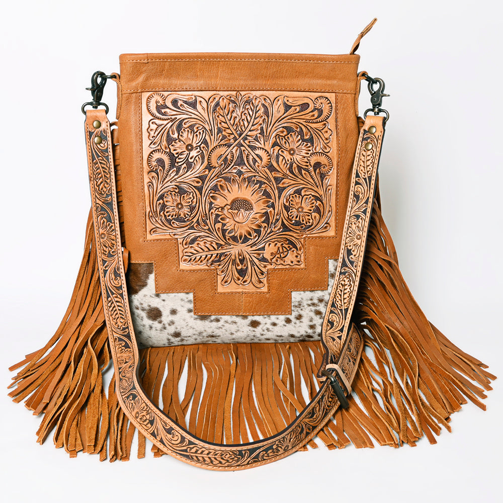 ADBG256 Tooled Leather & Cowhide Fringe Messenger Bag Western Boho Messenger by American Darling