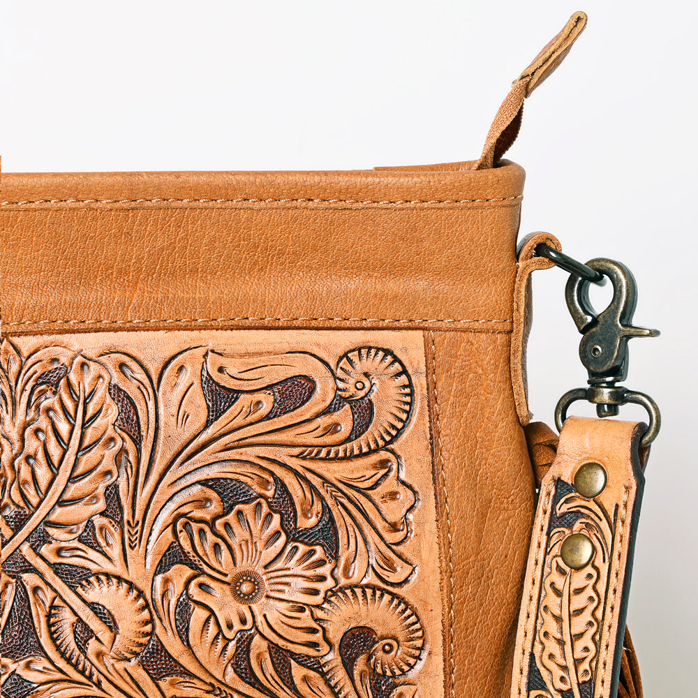 ADBG256 Tooled Leather & Cowhide Fringe Messenger Bag Western Boho Messenger by American Darling