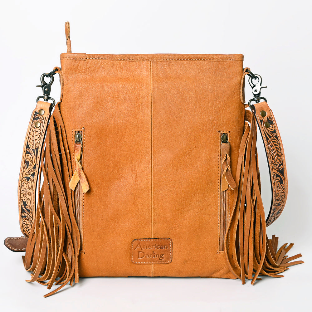ADBG256 Tooled Leather & Cowhide Fringe Messenger Bag Western Boho Messenger by American Darling