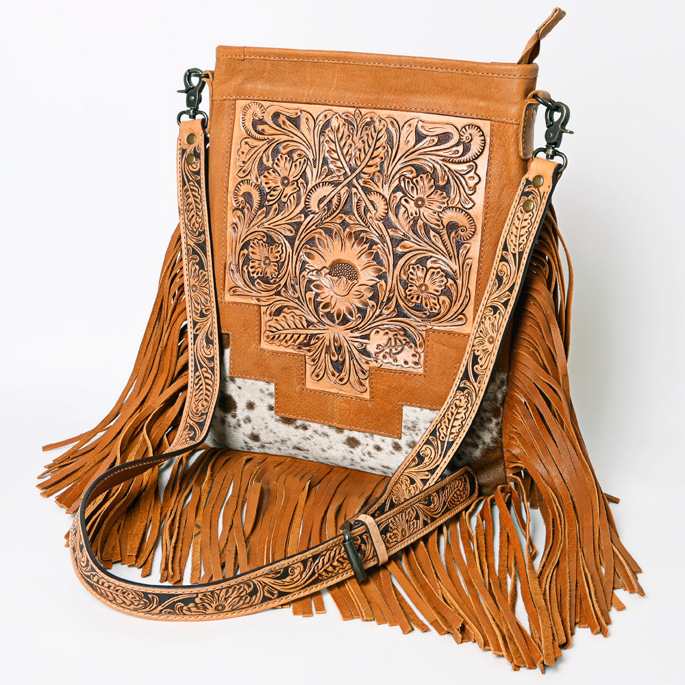 ADBG256 Tooled Leather & Cowhide Fringe Messenger Bag Western Boho Messenger by American Darling