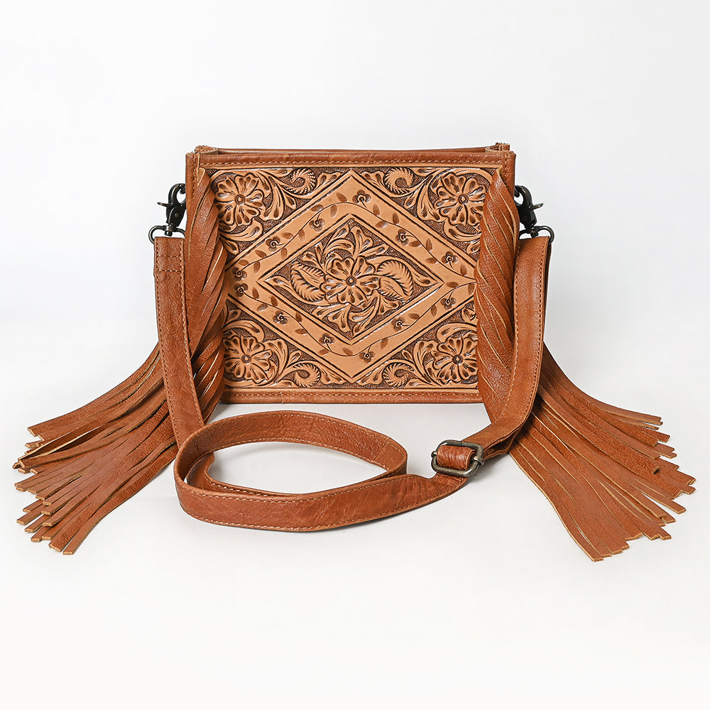 ADBG280 Hand-Tooled Leather Crossbody Bag with Fringe Strap Floral Diamond Design | American Darling