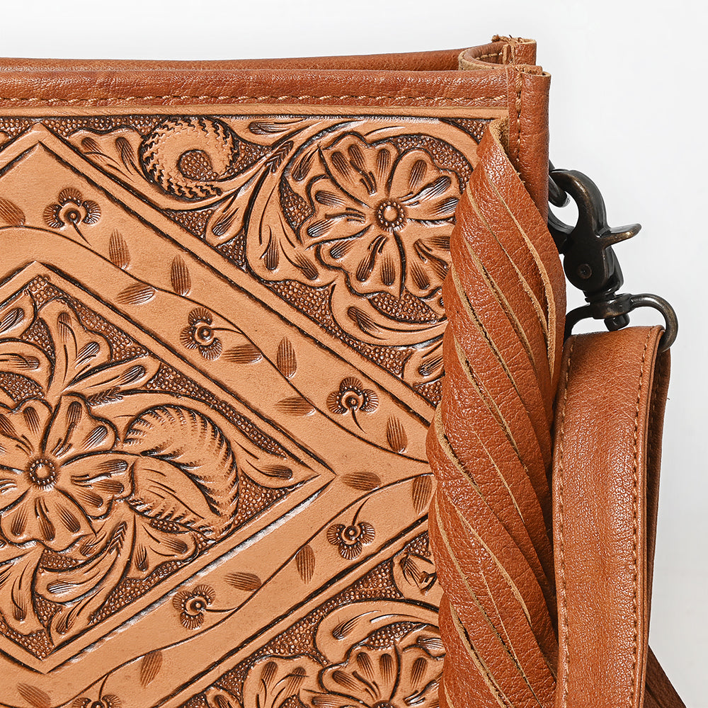 ADBG280 Hand-Tooled Leather Crossbody Bag with Fringe Strap Floral Diamond Design | American Darling