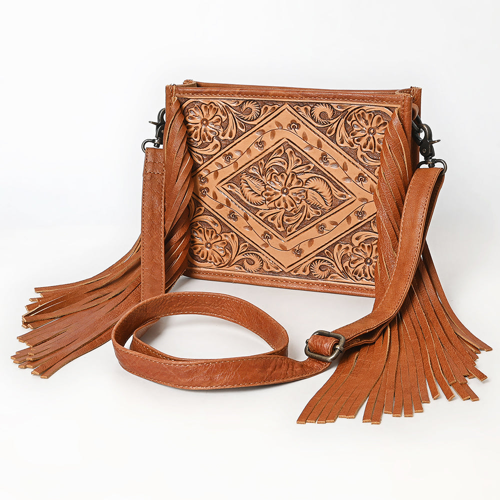 ADBG280 Hand-Tooled Leather Crossbody Bag with Fringe Strap Floral Diamond Design | American Darling