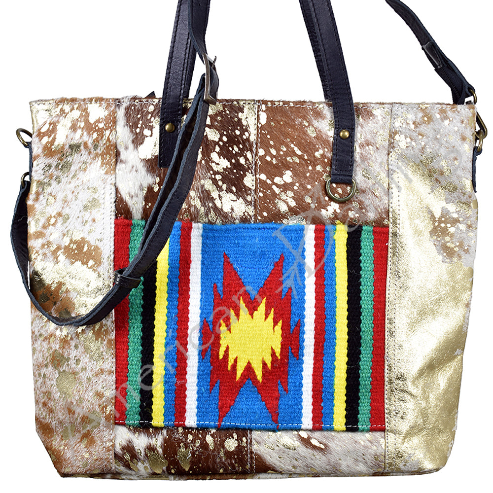 ADBG106 American Darling Hair-on Cowhide Western Tote Bag with Handwoven Saddle Blanket Accent - Genuine Leather