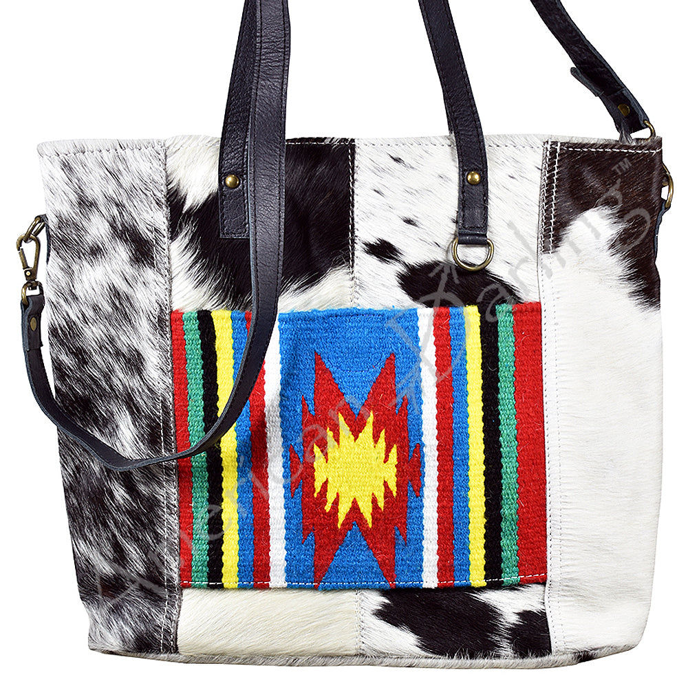 ADBG106 American Darling Hair-on Cowhide Western Tote Bag with Handwoven Saddle Blanket Accent - Genuine Leather