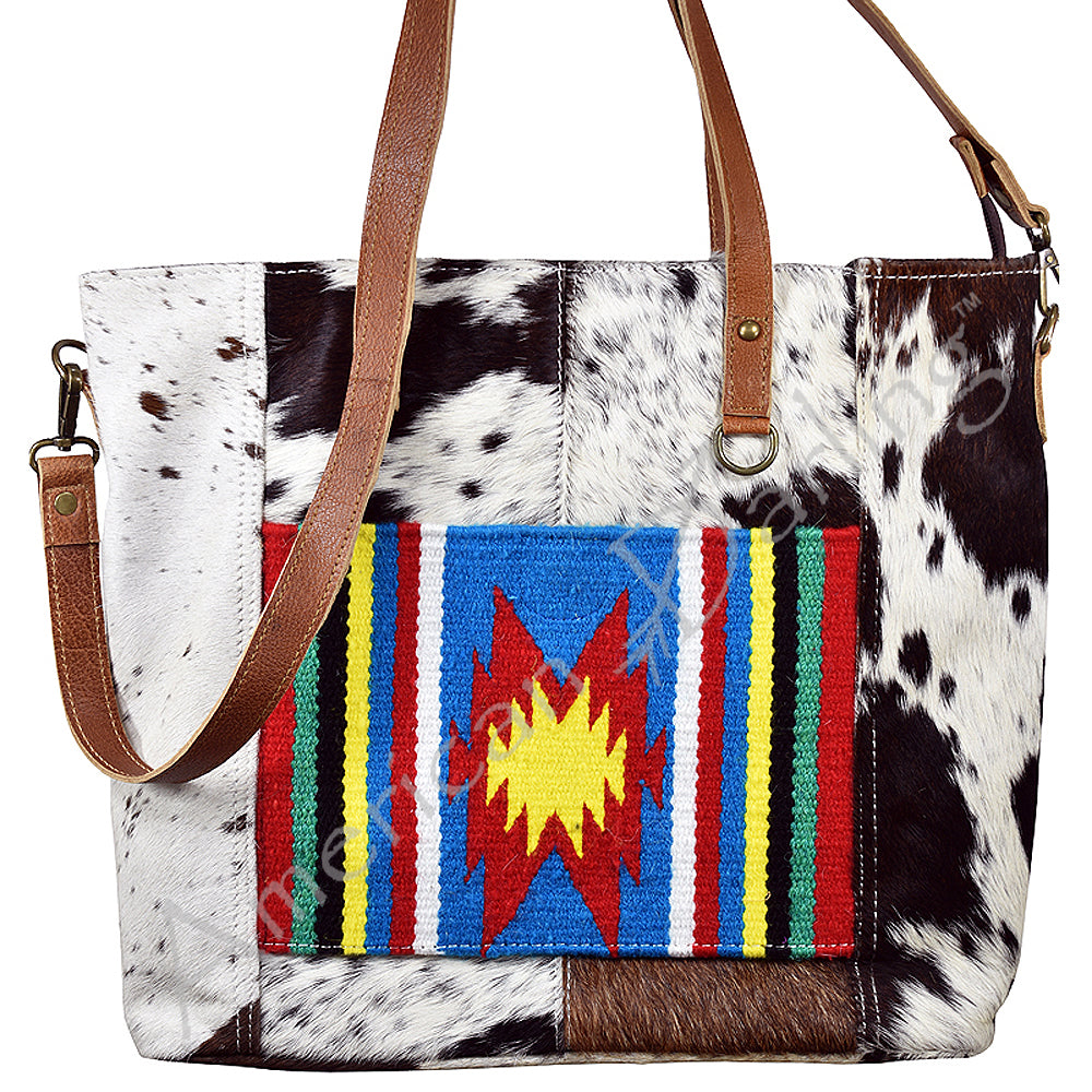 ADBG106 American Darling Hair-on Cowhide Western Tote Bag with Handwoven Saddle Blanket Accent - Genuine Leather