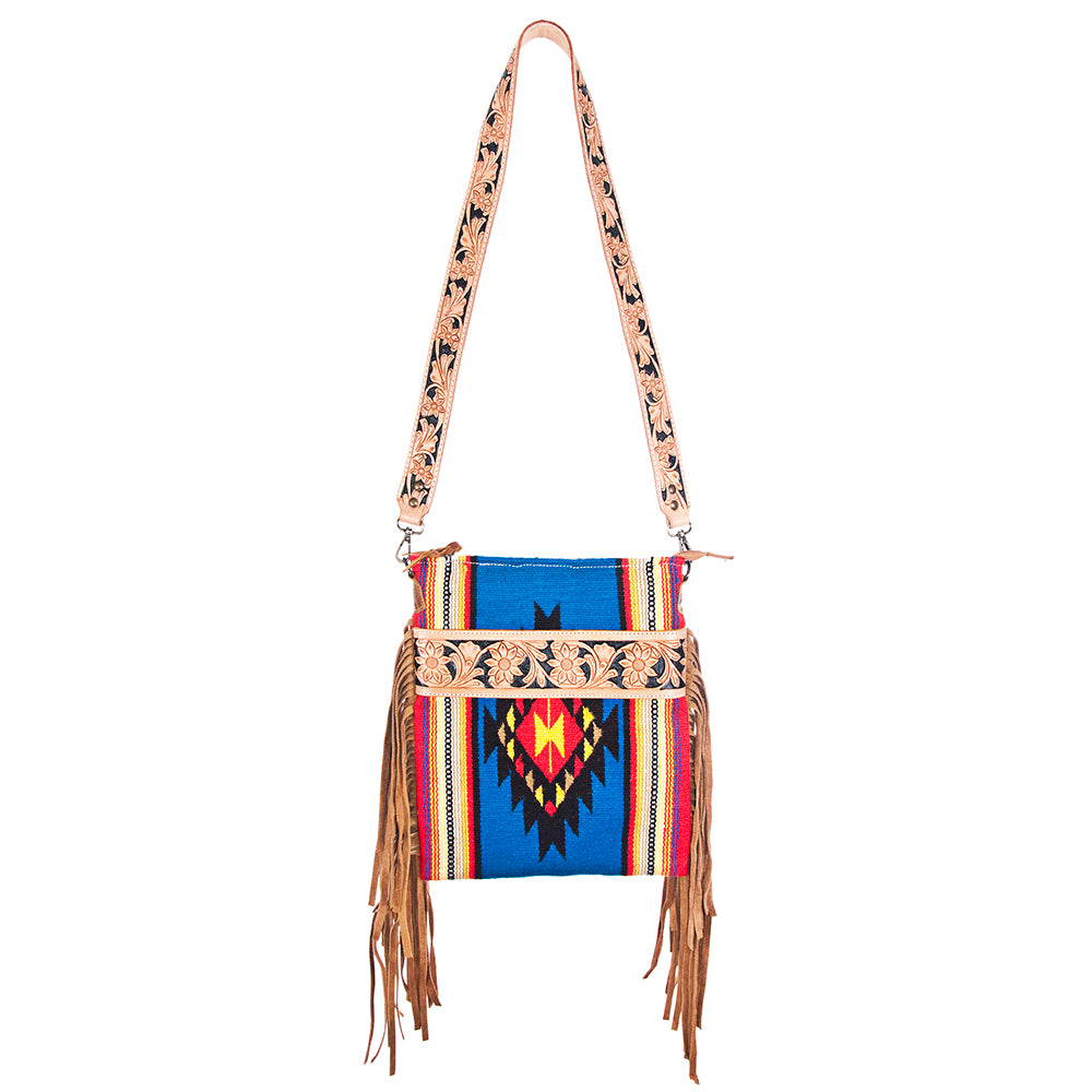 ADBG298 American Darling Cross body Bag - Hand Tooled Floral Leather & Woven Saddle Blanket Purse