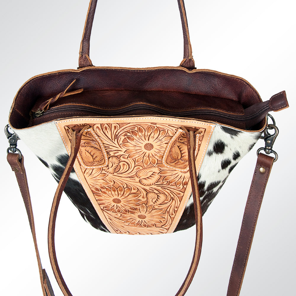 ADBG621A American Darling Hand Tooled Floral & Hair-On Cowhide Western Leather Tote Bag