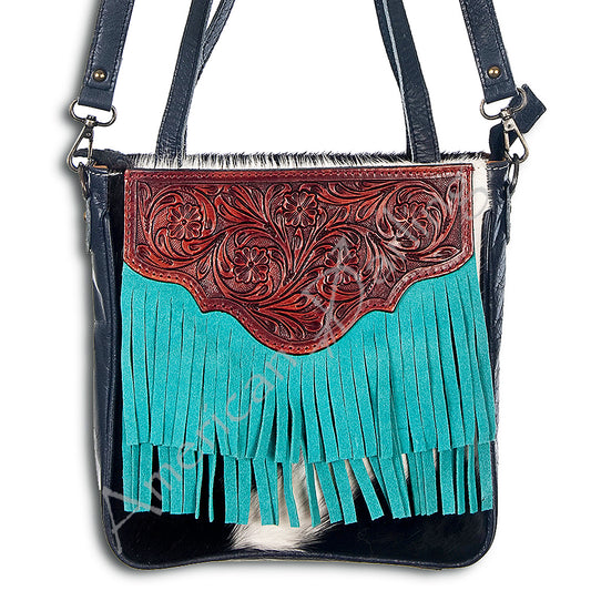 ADBG304 American Darling Cross body Bag - Hand Tooled Floral Leather & Hair-On Cowhide Purse