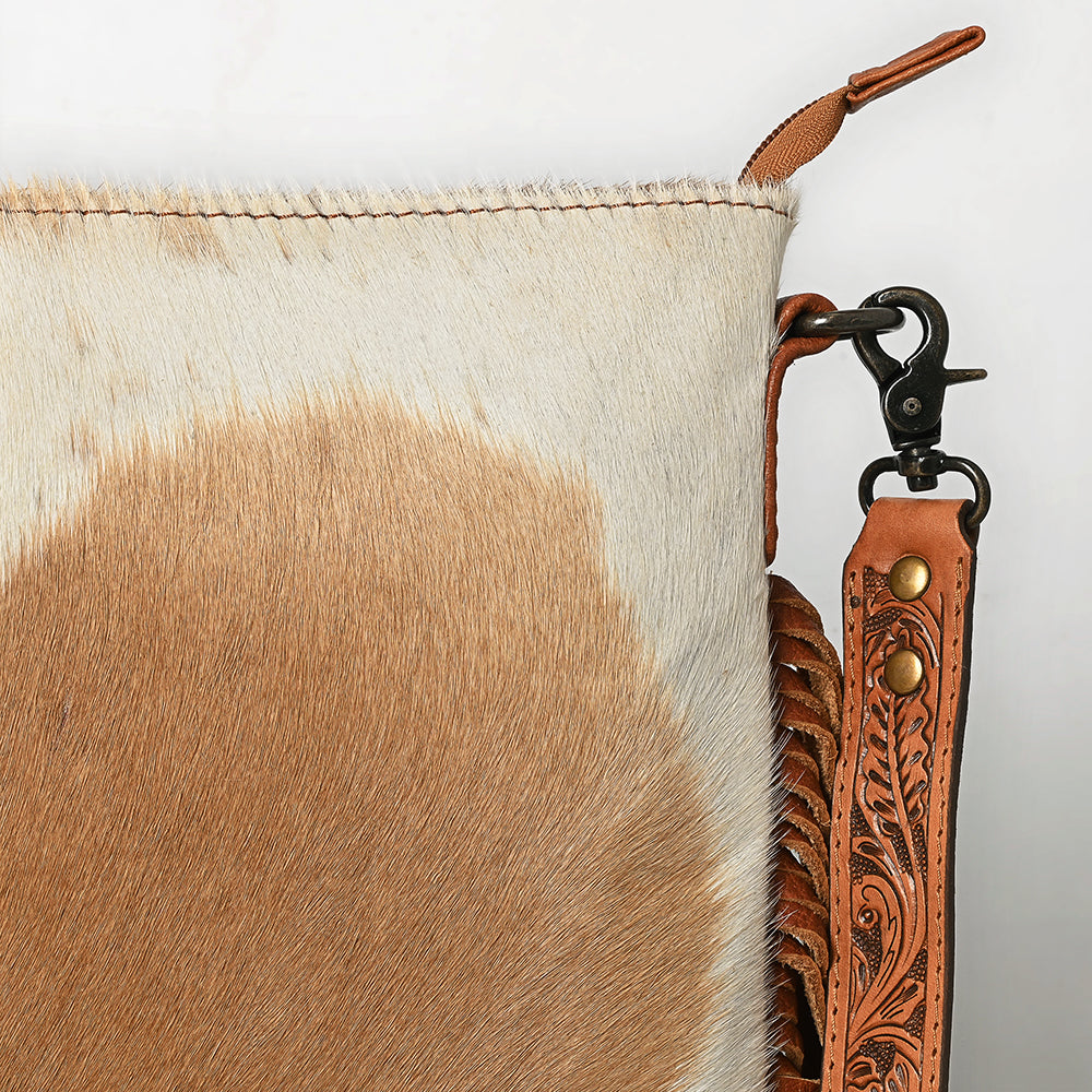 ADBGS192 Natural Cowhide Large Crossbody Bag with Fringe - Tooled Strap Western Purse