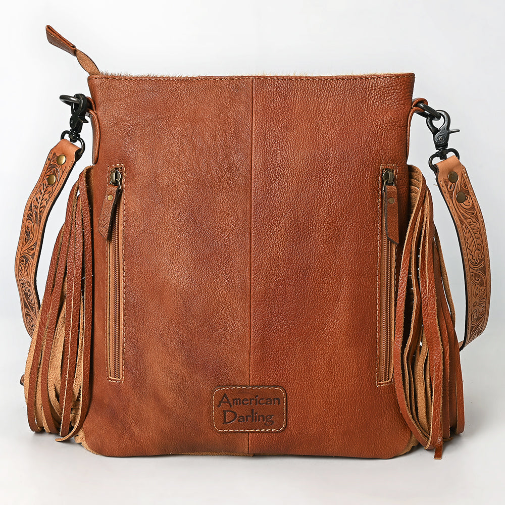 ADBGS192 Natural Cowhide Large Crossbody Bag with Fringe - Tooled Strap Western Purse
