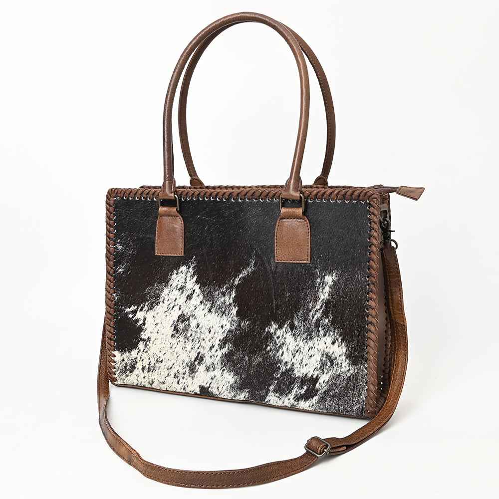 ADBGS118 Western Cowhide Tote -Hair-On Leather Bag with Braided Whipstitch & Strap