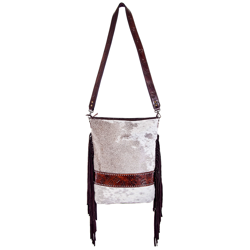 ADBG316 Hair-On Cowhide & Tooled Leather Western Large Crossbody Bag Fringe Crossbody