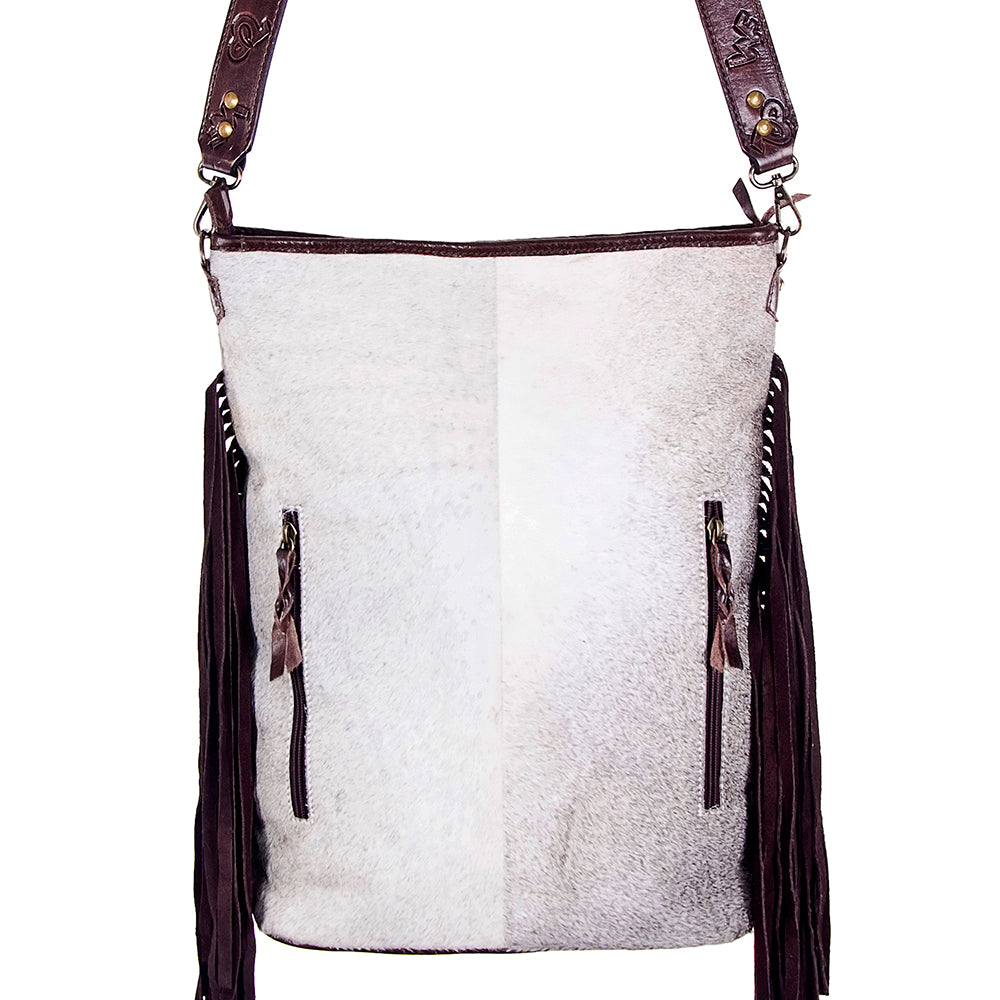 ADBG316 Hair-On Cowhide & Tooled Leather Western Large Crossbody Bag Fringe Crossbody