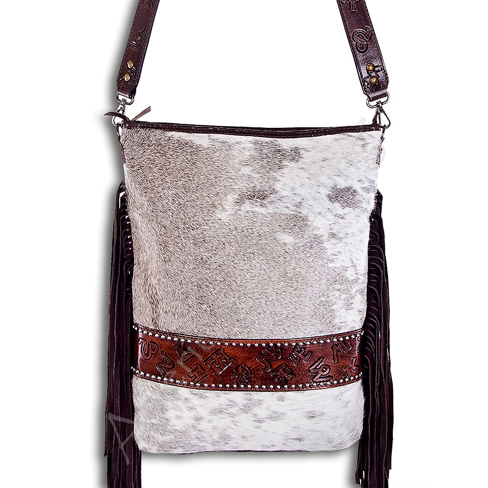 ADBG316 Hair-On Cowhide & Tooled Leather Western Large Crossbody Bag Fringe Crossbody