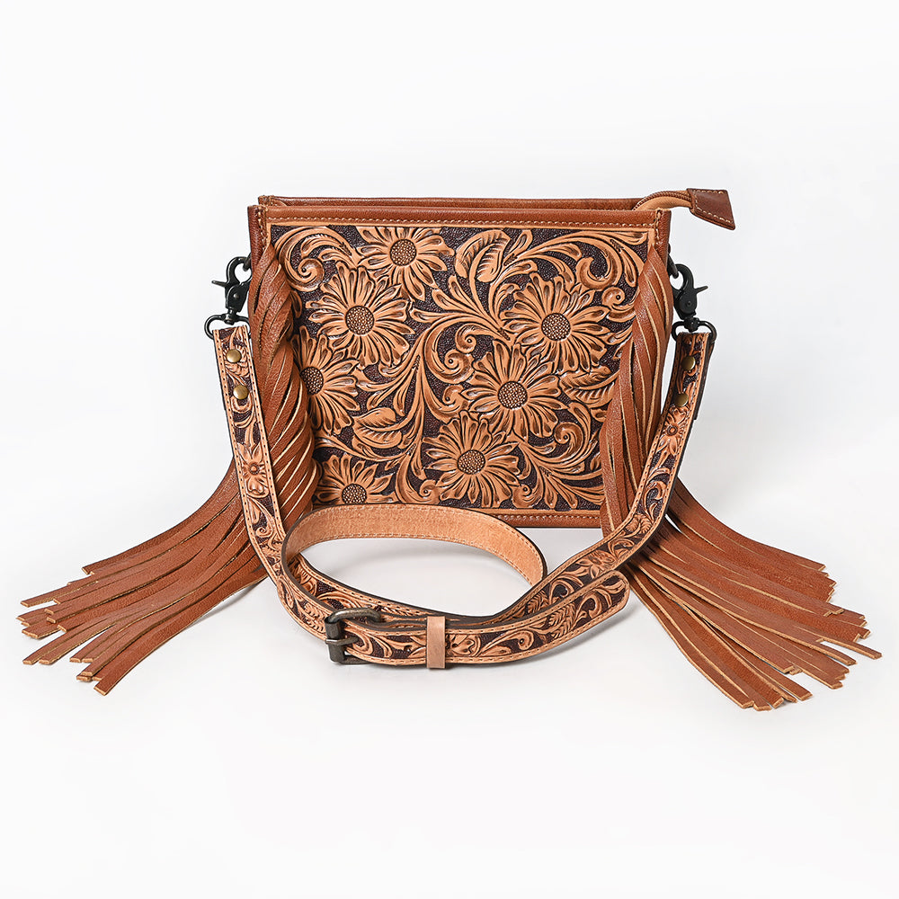 ADBG323 Hand-Tooled Leather Messenger Bag with Floral Daisies & Fringe Strap | American Darling