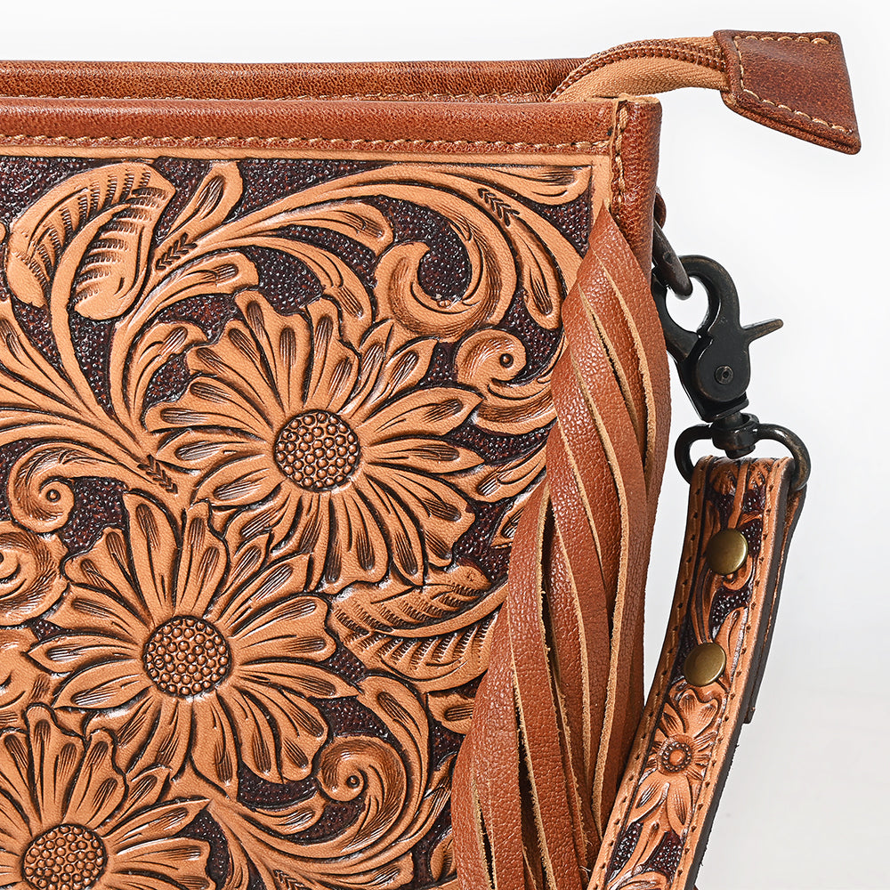 ADBG323 Hand-Tooled Leather Messenger Bag with Floral Daisies & Fringe Strap | American Darling